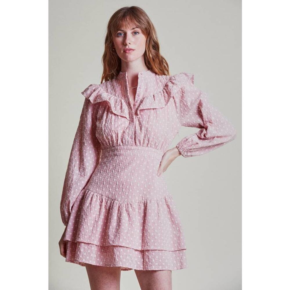 The Shirt Gwenyth Tiered Mini Dress Pink Eyelet Boho Cottage Core Western XS NEW